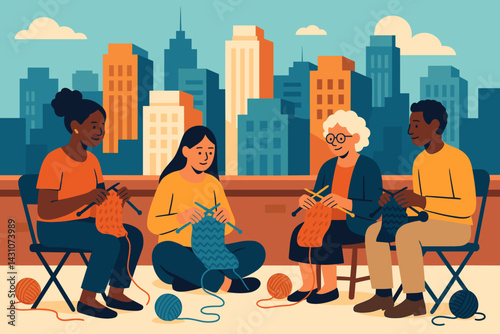 Scene of a knitting circle on an urban rooftop featuring yarn, needles, and participants set against a city skyline