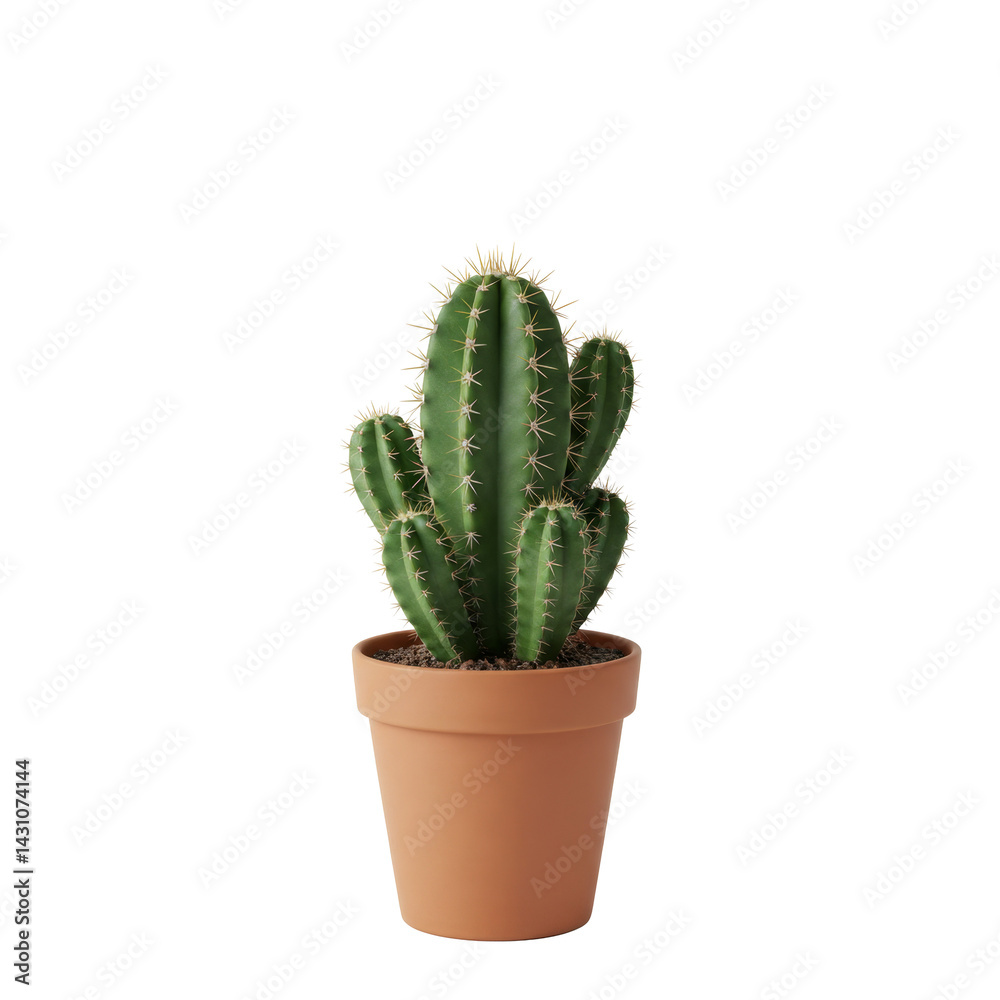 A potted cactus with sharp spines on a transparent backdrop for easy integration. A potted cactus with sharp spines on a transparent backdrop for easy integration.
