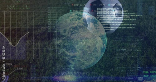 soccer ball orbiting globe over field fusing sports tech code overlays, line chart and stock data