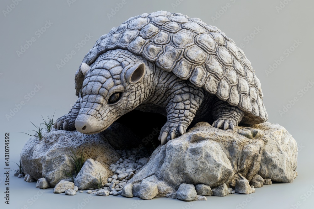 Fototapeta premium Detailed figurine of a pangolin resting on a rocky outcrop.