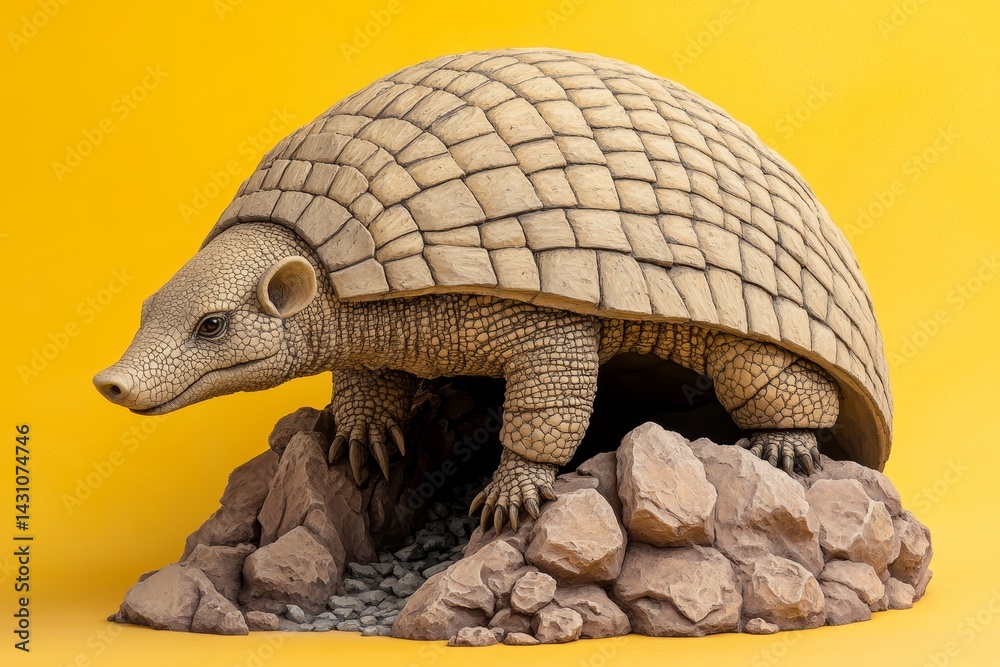 Fototapeta premium Detailed figurine of a pangolin on a rocky outcrop.