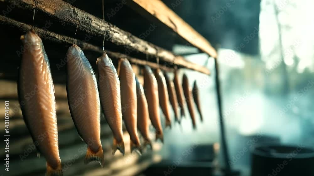 Smoked fish fillets hanging in a rustic smokehouse, the salt curing them perfectly as smoke clouds swirl around. The traditional smoking method imparts deep flavors, preparing the