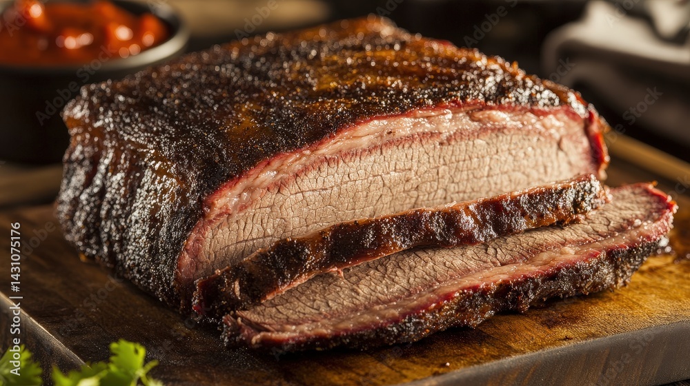 A succulent smoked brisket, perfectly sliced, showcasing its tender texture and rich, flavorful crust, served on a wooden board with a side of barbecue sauce. A succulent smoked brisket, perfectly sliced, showcasing its tender texture and rich, flavorful crust, served on a wooden board with a side of barbecue sauce.