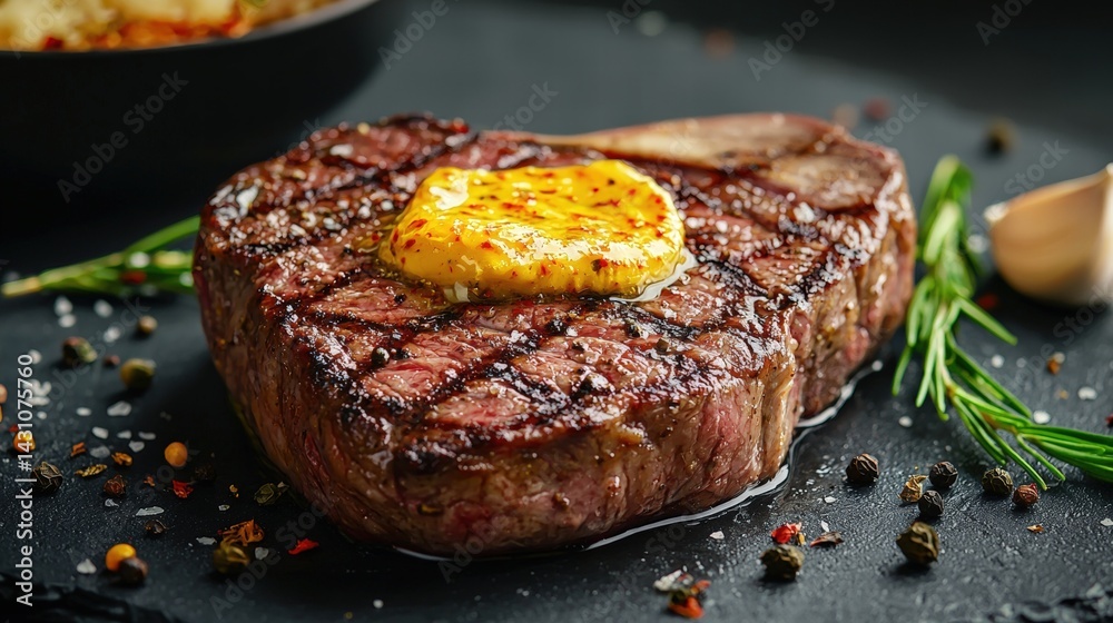 Juicy steak topped with a fried egg and drizzled with saffron butter for a luxurious dining experience Juicy steak topped with a fried egg and drizzled with saffron butter for a luxurious dining experience