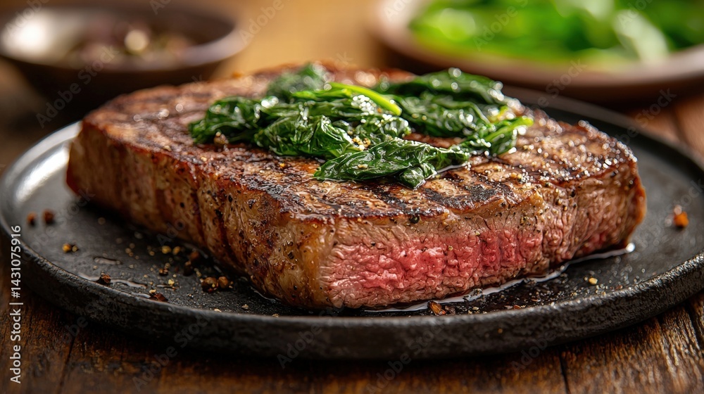 Flavorful steak presented on a plate with fresh saut?ed spinach for a wholesome and satisfying meal experience Flavorful steak presented on a plate with fresh saut?ed spinach for a wholesome and satisfying meal experience