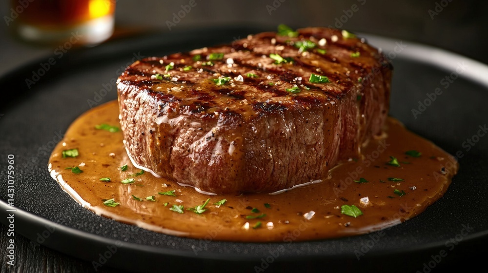 Succulent steak on a plate drenched in rich smoked bourbon sauce captured in realistic culinary photography Succulent steak on a plate drenched in rich smoked bourbon sauce captured in realistic culinary photography