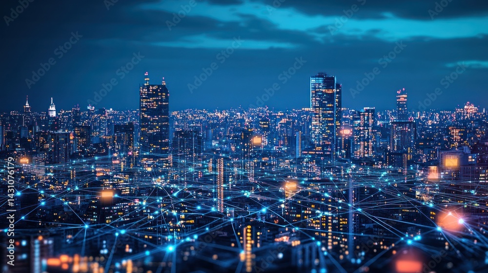 Fototapeta premium Night city skyline, network connections, urban technology, futuristic background, tech concept