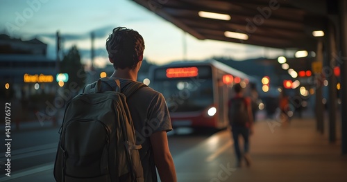Candid photo of a young man with a backpack waiting for a bus at a city station, walking to board in the evening light.