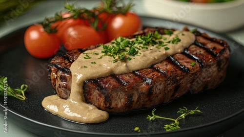 Delicious grilled steak served with creamy tahini sauce on a rustic wooden table with ample copy space for text