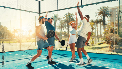Fototapeta Naklejka Na Ścianę i Meble -  Happy people, tennis and high five with team in celebration for good game, match or well played. Excited, padel group or friends with smile in unity for winning, victory or sport together on court