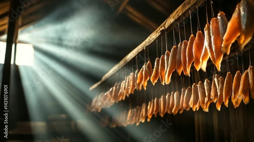 Rows of salted fish fillets dangle inside a traditional smokehouse, bathed in smoke as they cure slowly. The smokehouse fills with the rich, inviting aroma of smoked fish, preparin photo