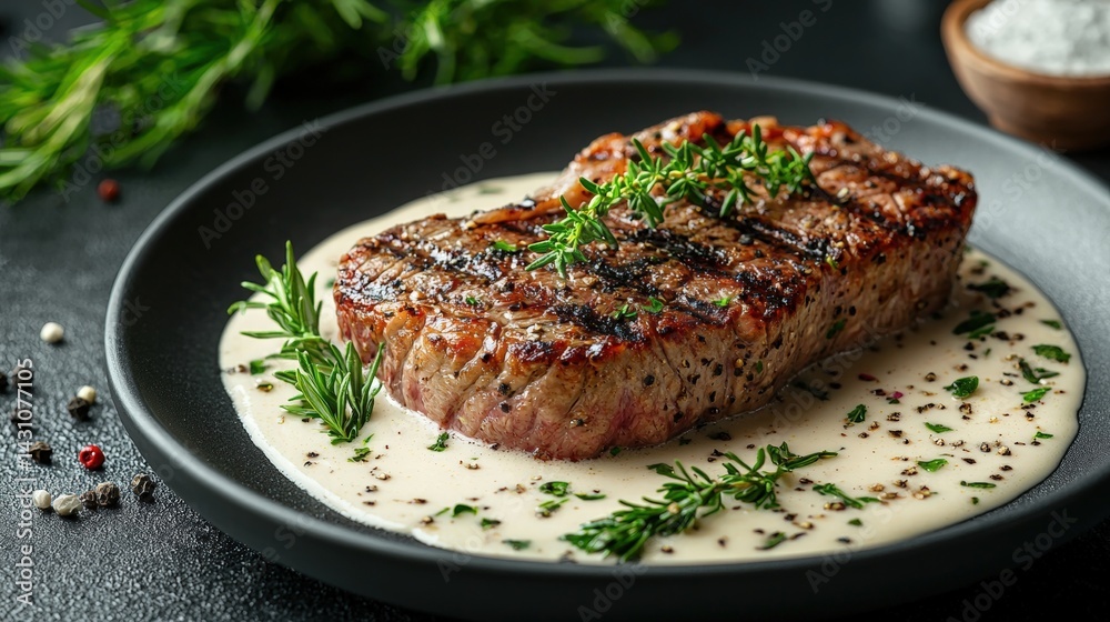 Deliciously cooked steak with white wine sauce served on a fine plate ready to delight the taste buds and eyes Deliciously cooked steak with white wine sauce served on a fine plate ready to delight the taste buds and eyes