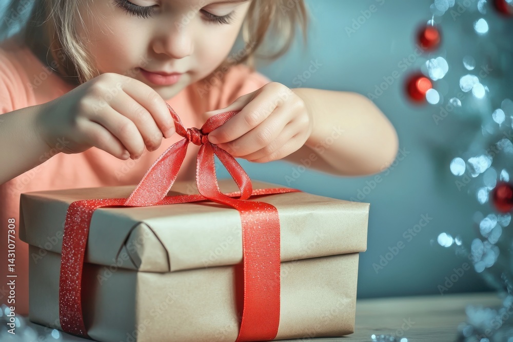 Child joyfully unwraps a gift during the holiday season at home Child joyfully unwraps a gift during the holiday season at home