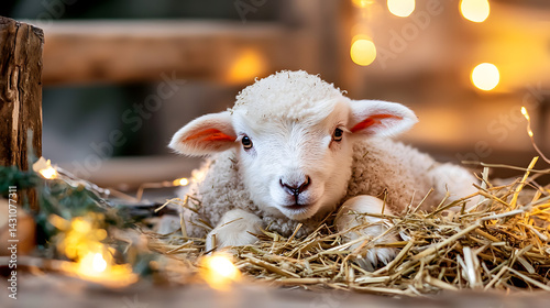 A baby sheep is laying on hay. Generated using AI.