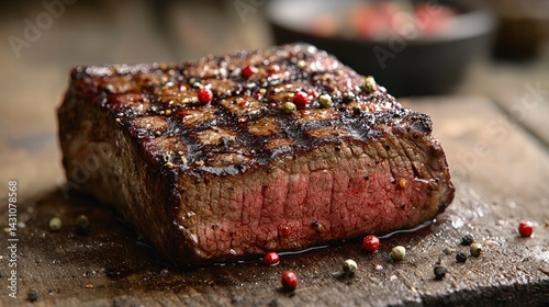Savory tri-tip steak resting on a rustic wooden table with copy space for text and natural lighting