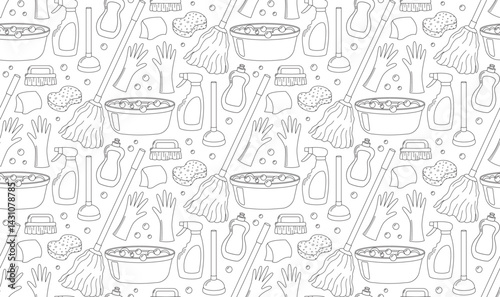 Seamless doodle background with cleaning products and tools. Cute pattern with hand drawn house work elements