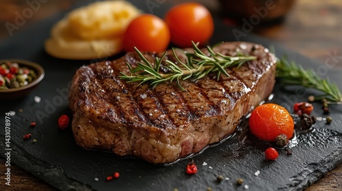 Flavorful veal steak displayed on a slate board with herbs and vegetables for a rustic culinary experience