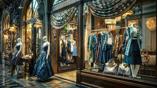 Elegant boutique display showcasing fashionable clothing and accessories in a historic shopping arcade
