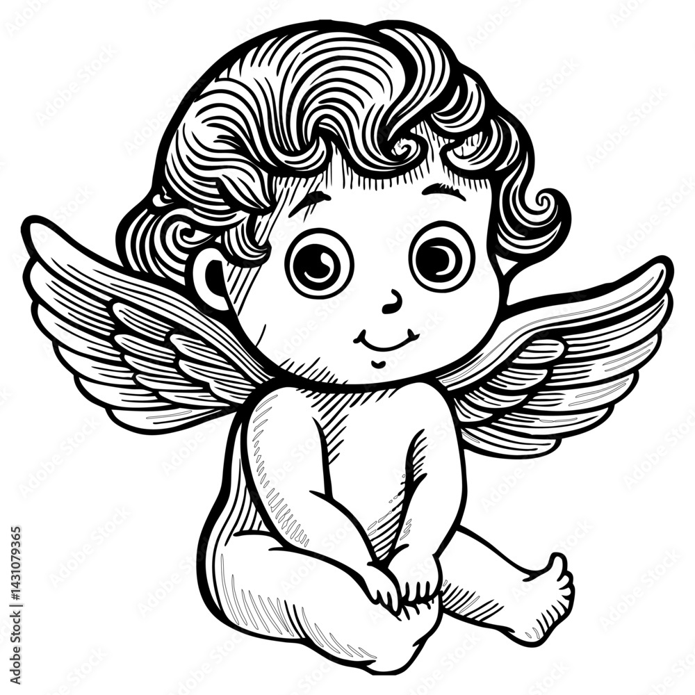 Fototapeta premium Classic Cherub Illustration with Wings and Divine Light. Vector illustration
