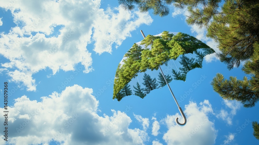 Creative Umbrella Crafted From Pine Tree Canopy and Clouds Showcasing Natures Beauty and Protection in a Serene Sky Generative AI
