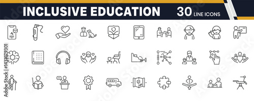 Inclusive Education and Special Needs Icons – Accessibility, Learning Support, and Adaptive Classroom Line Icon Set