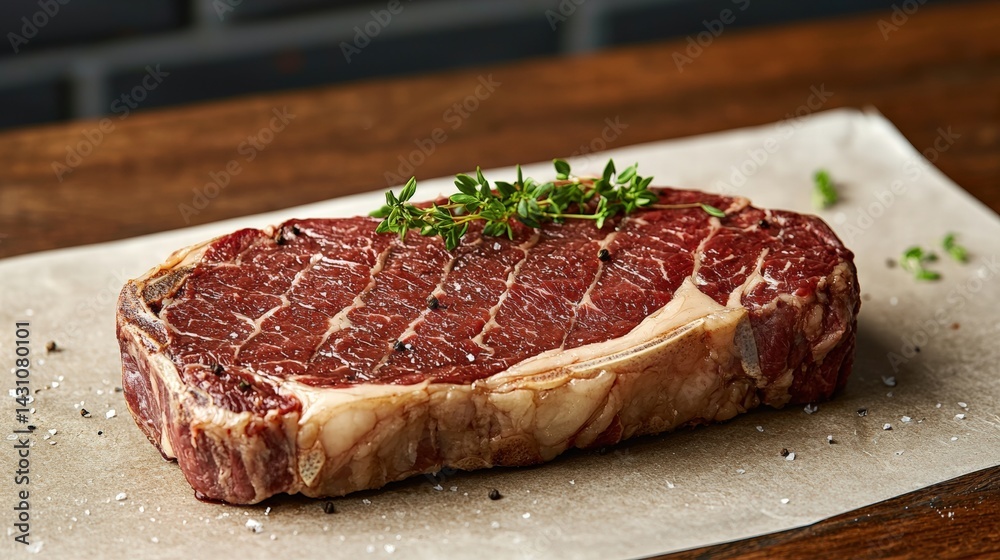 Obraz premium Bone-in ribeye steak beautifully presented on a piece of paper with copy space for text and culinary inspiration