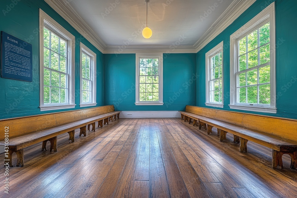 An empty room with windows and wooden benches on each side