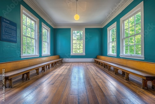Obraz na płótnie An empty room with windows and wooden benches on each side w salonie
