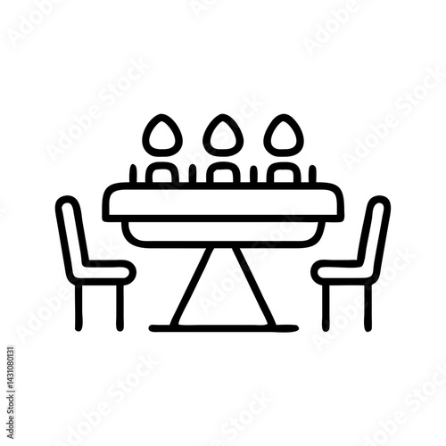 Minimal black outline icon of a festive dining table with three candles and two chairs. Ideal for holiday celebration concepts, cozy dinners, or special evening gatherings.