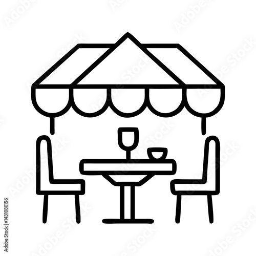 Line art icon of an outdoor cafe table with two chairs and a large umbrella. Great for illustrating dining, leisure, romantic dates, or cozy patio setups.