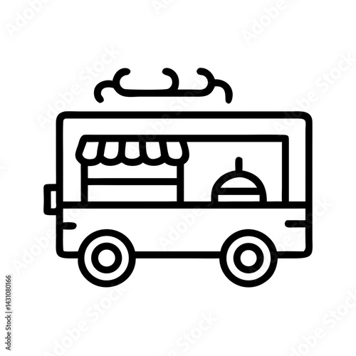Black outline icon of a food truck with service window and cover. Perfect for concepts like street food, mobile catering, summer events, or food delivery services.