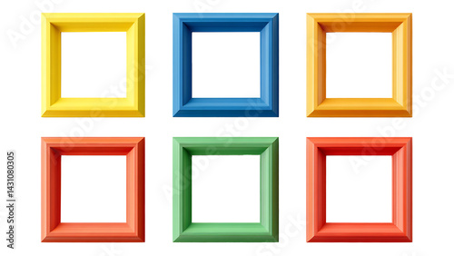 Six colorful square frames isolated on transparent background.