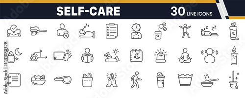 Self-Care and Daily Routine Icons – Wellness Activities, Productivity Habits, and Personal Growth Line Icon Set