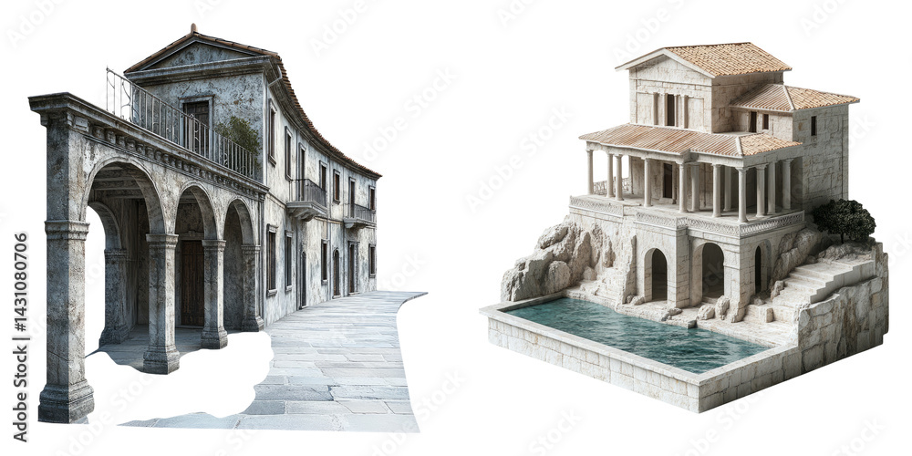 Fototapeta premium Ancient Roman ruins with curved arches and stone buildings isolated on transparent PNG perfect for historical illustrations or archaeology content