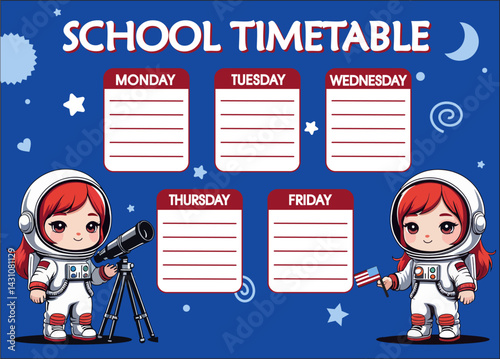 Fun school timetable with a dark blue space background, stars, and cute cartoon girl astronauts. Vector illustration engaging for students