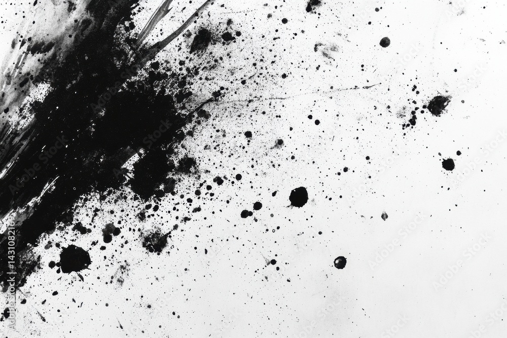 Abstract Black Ink Splatters Create a Chaotic Artistic Texture on White Paper Background Showcasing Creative Expression and Spontaneity Generative AI