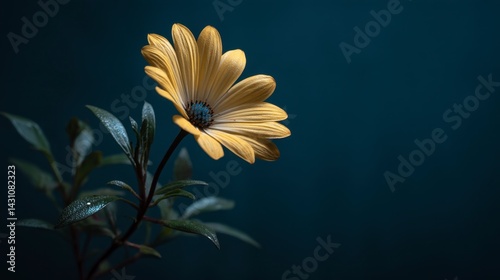 Close up of a yellow flower with water droplets on its petals and leaves, set against a dark teal background. 