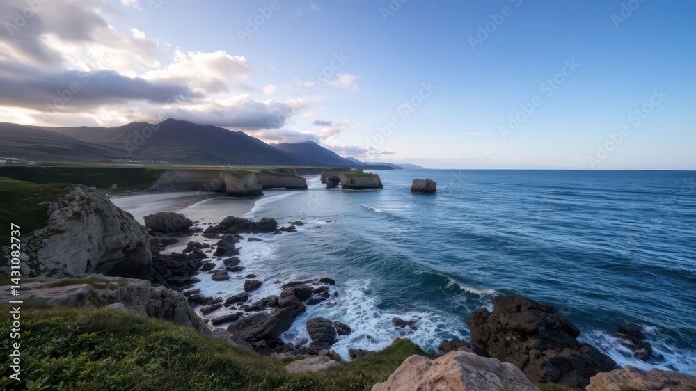 Serene coastal scene featuring dramatic cliffs, rocky shoreline, and ocean waves under a partly cloudy sky Serene coastal scene featuring dramatic cliffs, rocky shoreline, and ocean waves under a partly cloudy sky