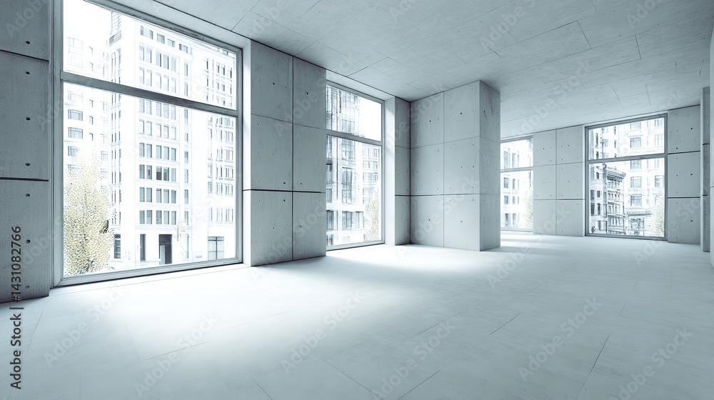 Fototapeta premium Minimalist Bright Concrete Wall with Large Windows, Soft Natural Light, Clean Architectural Lines, Simple Office Environment