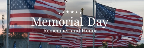 Patriotic Memorial Day Tribute with Waving American Flags, Elegant 'MEMORIAL DAY – REMEMBER AND HONOR' Text, and Subtle Sunset Sky Background Creating a Respectful and Honorary Atmosphere