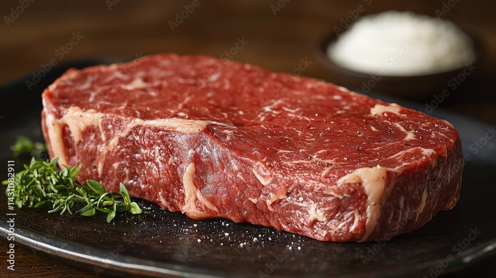 Delicious piece of grain-fed steak served on a plate with copy space available for text or branding enhancements Delicious piece of grain-fed steak served on a plate with copy space available for text or branding enhancements