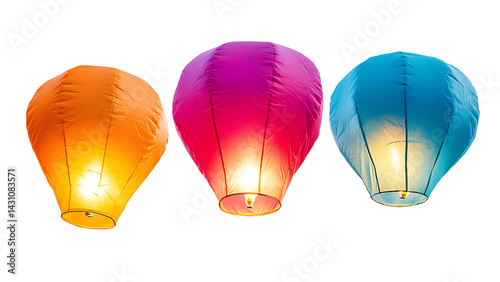 Colored sky lanterns on transparent background.