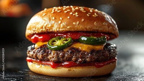 Juicy jalapeno burger with fresh ingredients and a side of copy space for textual elements or creative descriptions