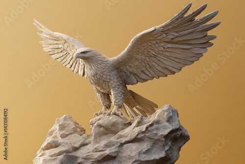 A detailed digital sculpture of a majestic eagle perched on a rocky outcrop.