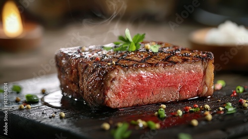 Juicy japanese steak served on a black plate with stunning presentation and ample copy space for textual enhancements