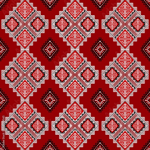 American ethnic  fabric pattern highlights a bold red tone with intricate geometric designs, brought to life through vibrant ethnic painting. The watercolor technique a sense of ethnic and depth,. Des
