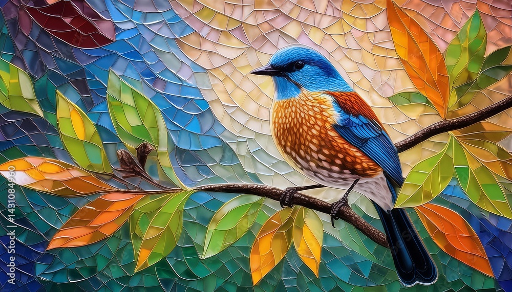 Fototapeta premium mosaic depiction of a songbird perched on a leafy branch