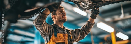 Obraz na płótnie Auto Mechanic Works Diligently Under Vehicle in Garage Filled With Tools and Equipment During Busy Afternoon Generative AI w salonie