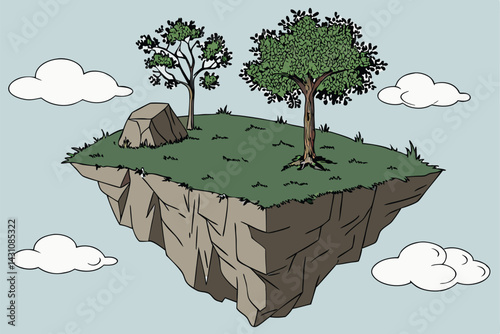 17 Surreal floating island, concrete blocks, green grass, two small trees, fluffy white clouds, blue sky, cross-section view, minimalist landscape, photorealistic rendering, environmental concept art,