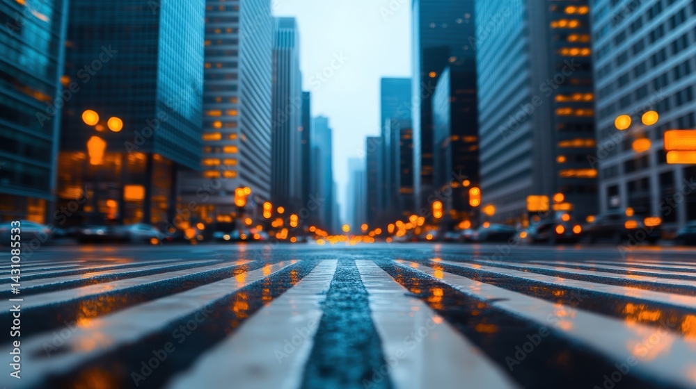 Naklejka premium Urban Cityscape at Dusk with Reflections on Wet Pavement, Skyscrapers and Streetlights Illuminating the Road Ahead in a Vibrant Metropolitan Environment